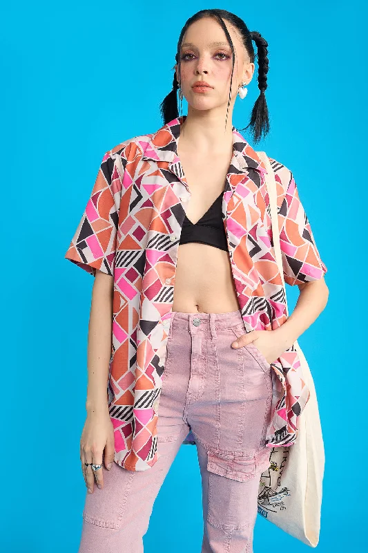 Geometric Print Women's Resort Shirt Comfortable Pocket Short Shirt