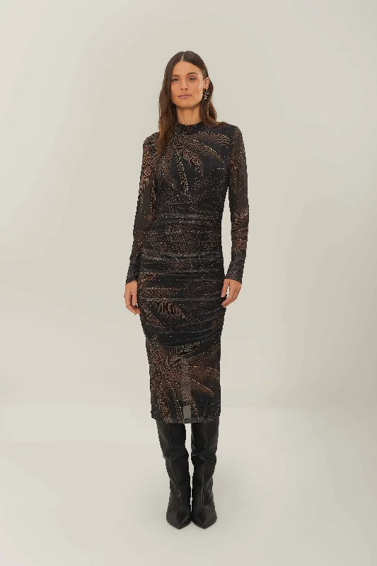 Black Golden Foliage Tulle Midi Dress Cozy Midi Dress with Pockets