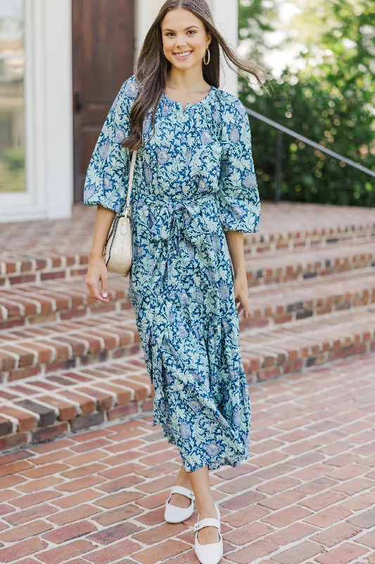 Good Intentions Navy Blue Floral Midi Dress Fashionable One-Shoulder Midi Dress