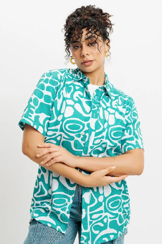 Green Abstract Print Women's Resort Shirt Stylish Printed Short Shirt