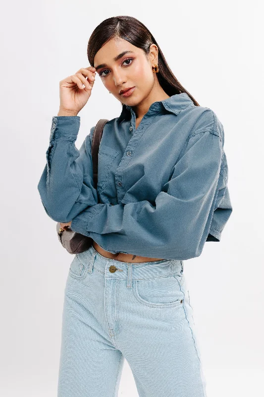 Grey Full Sleeves Crop Shirt Casual Boxy Short Shirt