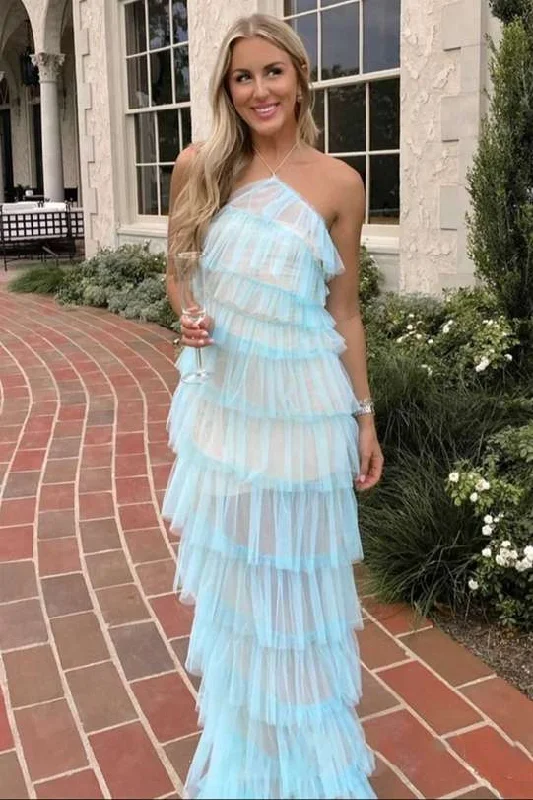 Halter Straps Spas Blue Layered Maxi Dress with Slit