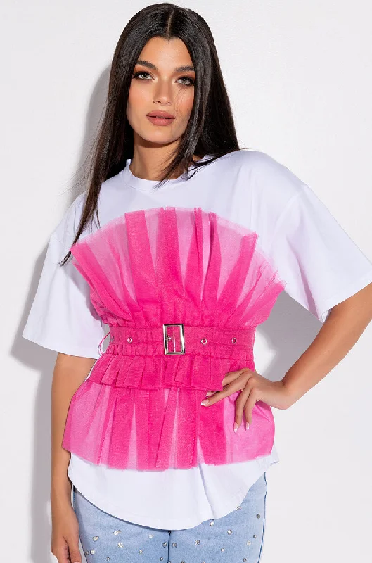 HERE COMES TROUBLE TULLE DETAIL BELTED T SHIRT Casual Oversized Short Shirt