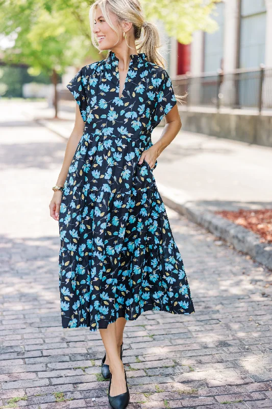 In Your Dreams Black Floral Midi Dress Trendy Mock Neck Midi Dress