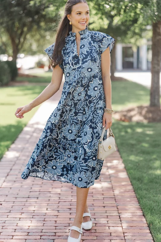 In Your Dreams Navy Blue Floral Midi Dress Fashionable Floral Embroidery Midi Dress