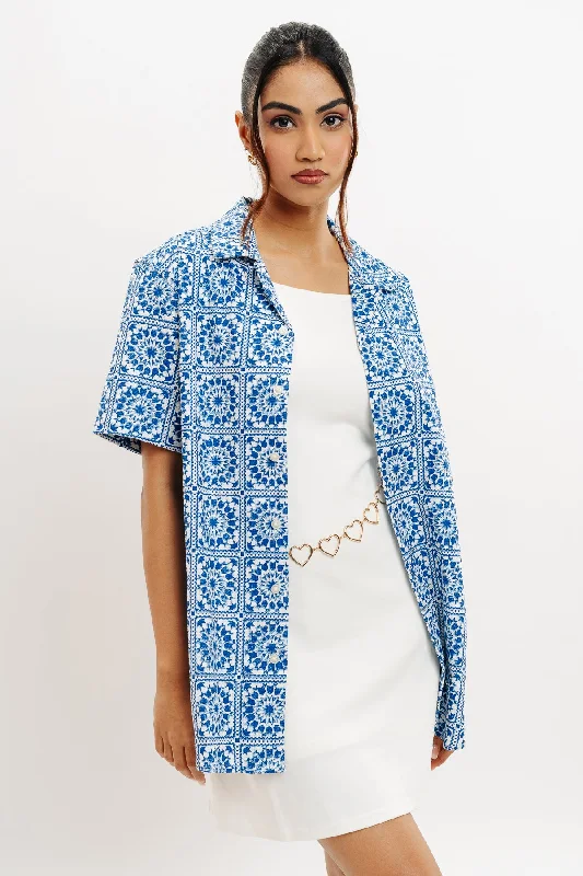 Indigo Mandala Women's Shirt Trendy Floral Short Sleeve