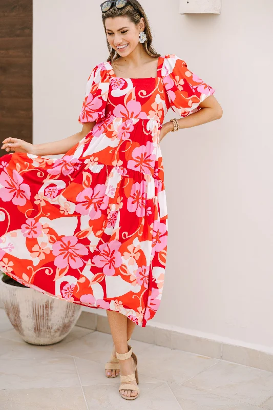 It's All For You Red Floral Midi Dress Comfortable Wrap Midi Dress