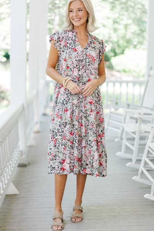 It's Another Day Black Ditsy Floral Midi Dress Trendy Tiered Hem Midi Dress