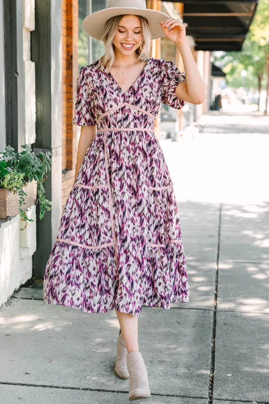 It's Time Purple Abstract Midi Dress Trendy Ruffled Sleeve Midi Dress