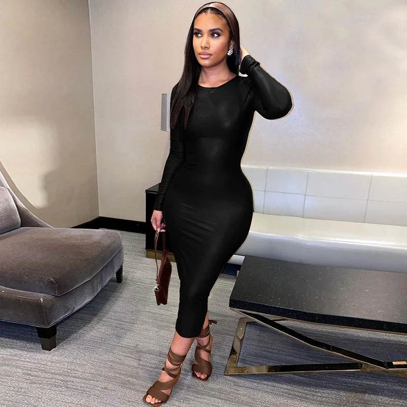Jill Full Sleeve Bodycon Midi Dress Trendy Midi Dress with Belt