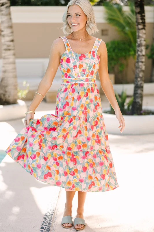 Just For You Pink Floral Midi Dress Comfortable Floral Print Midi Dress