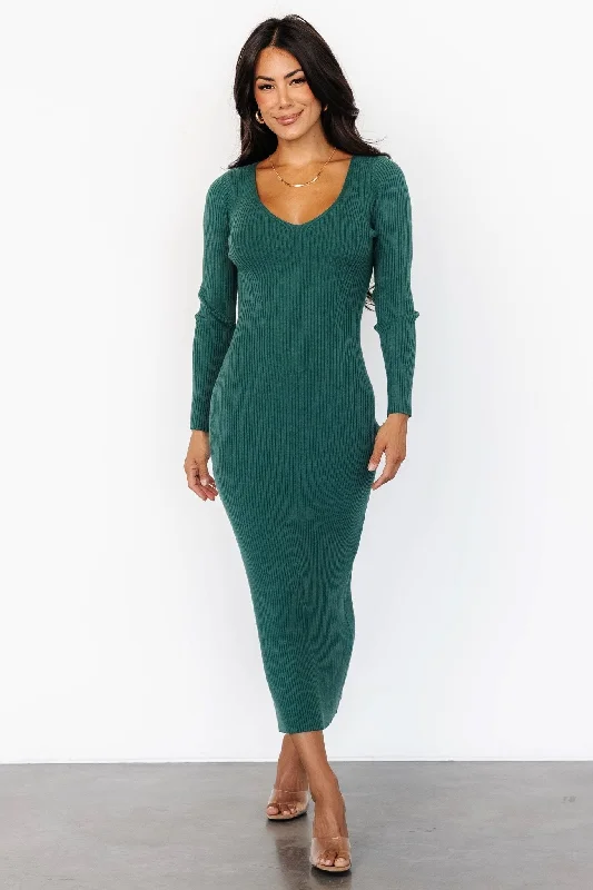 Kendall Ribbed Midi Dress | Green Trendy Flared Sleeve Midi Dress