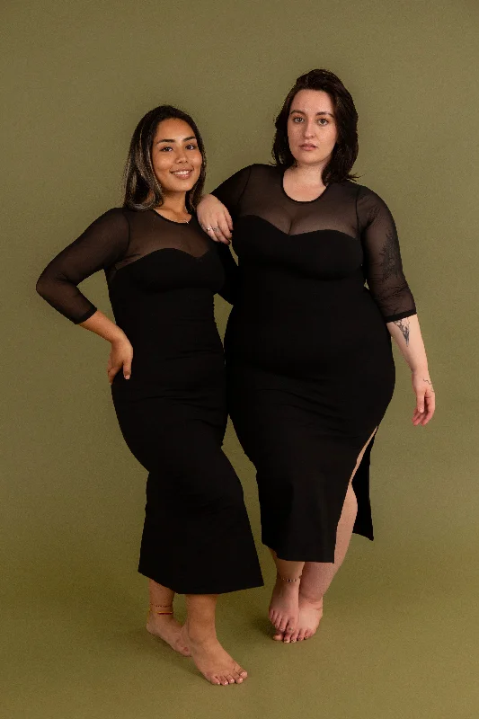 Kupu Long Sleeved Midi Dress in Black and Mesh- Petite