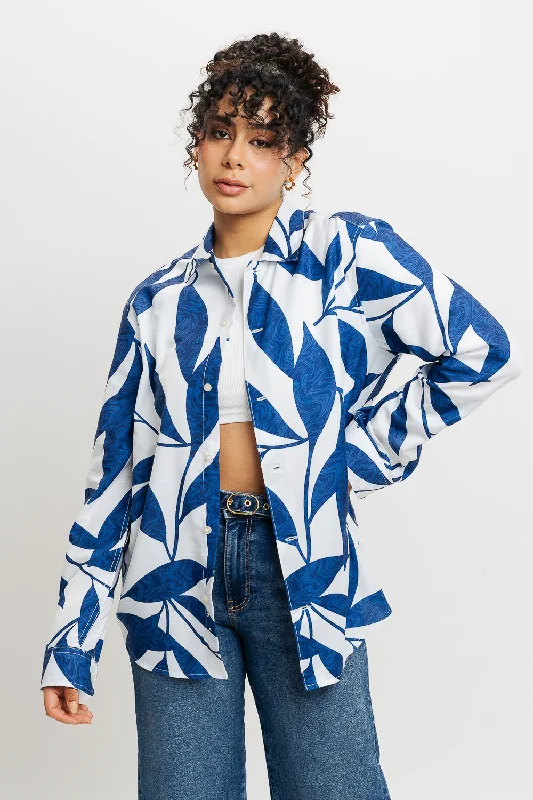 Leafy Marble Full Sleeves Women's Shirt Chic V-Neck Short Blouse