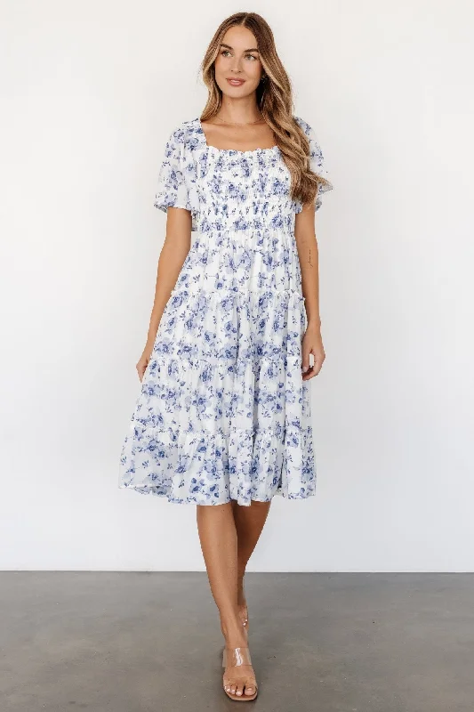 Lilla Tiered Midi Dress | Off-White + Blue Floral Elegant Satin Slip Midi Dress