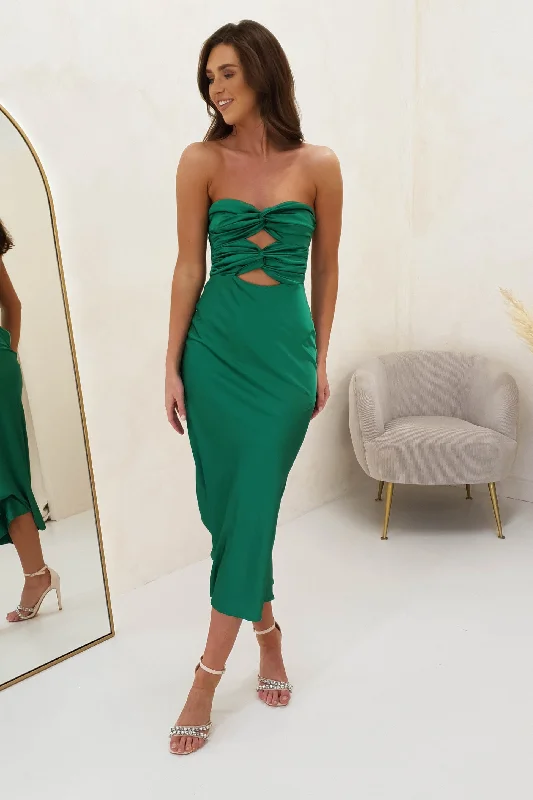 Lisse Strapless Satin Midi Dress | Green