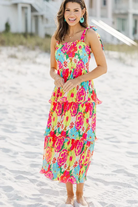 Live Boldly Yellow Floral Midi Dress Cozy Spaghetti Strap Midi Dress