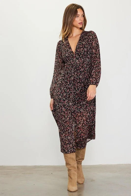 Long Sleeve Floral Print Midi Dress - FINAL SALE Trendy A-Line Midi Dress
