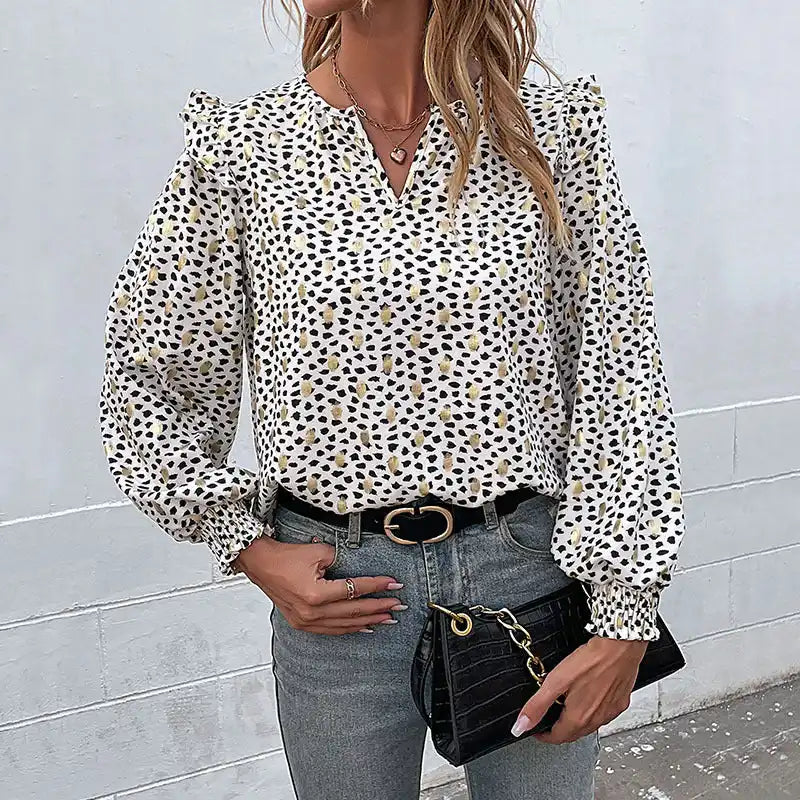 Long-sleeved polka-dot bronzing ruffle shirt Classic Casual Short Sleeve