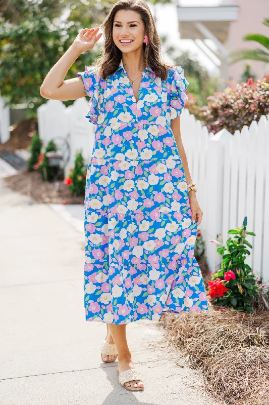 Look You Up Blue & Pink Floral Ruffled Midi Dress Comfortable Deep V Midi Dress