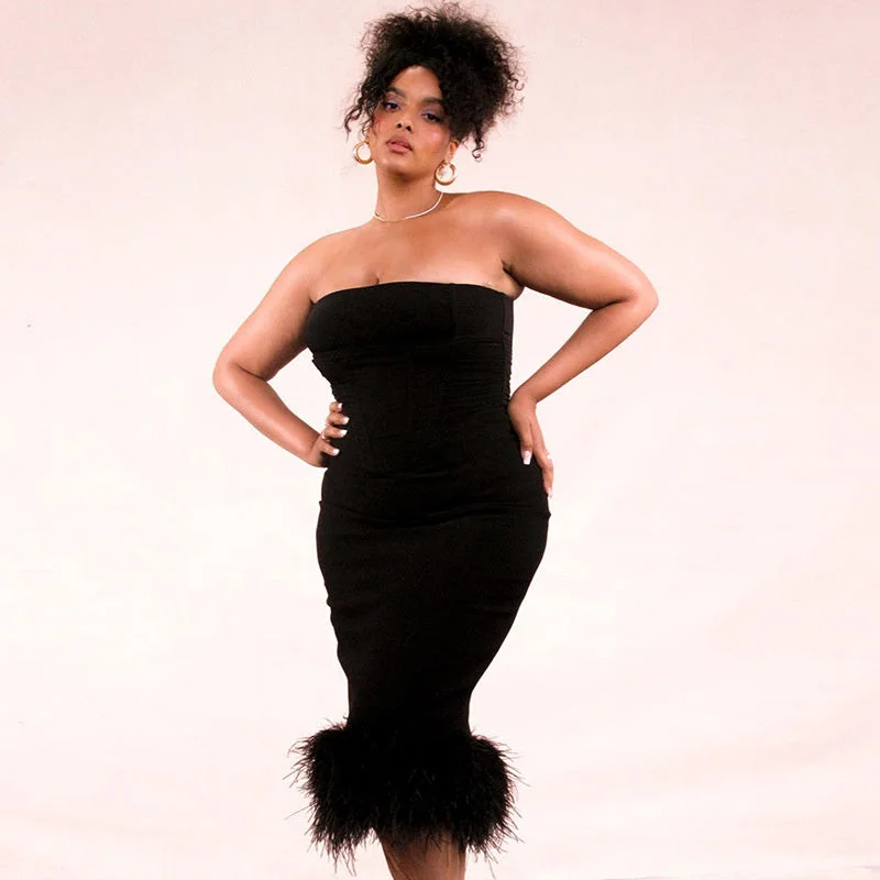 Marion Off-shoulder Strapless Feather Tassel Midi Dress Trendy Off-Shoulder Ruffle Midi Dress Marion Off-shoulder Strapless Feather Tassel Midi Dress Trendy Off-Shoulder Ruffle Midi Dress
