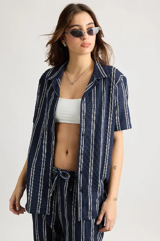 Matty Oversized Women's Shirt - Navy/White Stripe Comfortable Fitted Short Sleeve