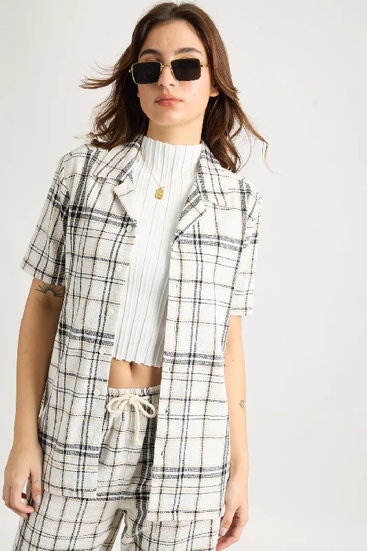 Matty Oversized Women's Shirt - White/Black Checks Chic V-Neck Short Blouse
