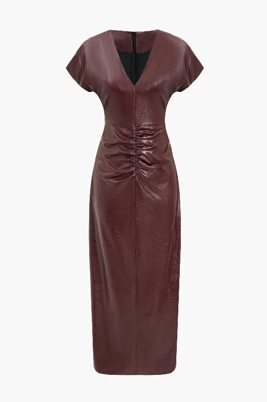 Faux Leather Ruched V-Neck Midi Dress Fashionable Skater Midi Dress