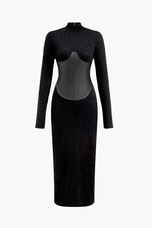 Solid Faux Leather Patchwork Midi Dress Comfortable Stretch Midi Dress
