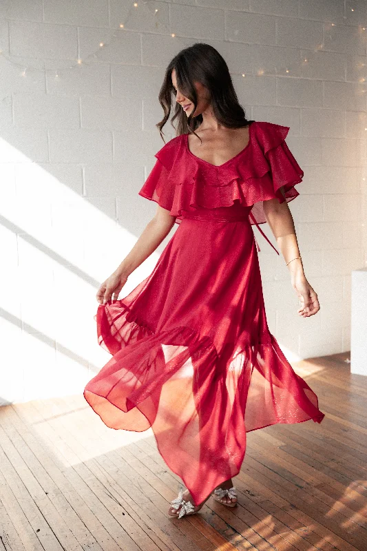 Merida Midi Dress - Red Comfortable Draped Midi Dress