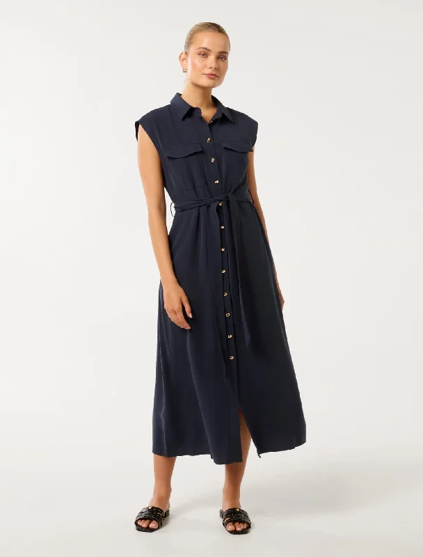 Mikayla Tie Belt Button Up Midi Dress Stylish Off-Shoulder Ruffle Dress