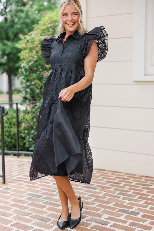 More Good Days Black Midi Dress Fashionable High-Low Midi Dress