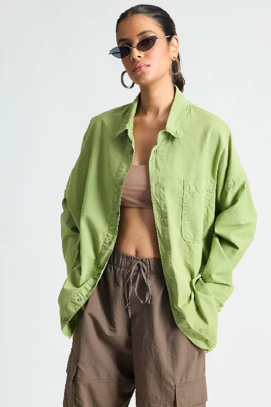 Mossy Green Pop Shirt Stylish Pleated Short Sleeve