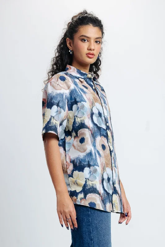 Multi Floral Print Shirt Classic Denim Short Sleeve