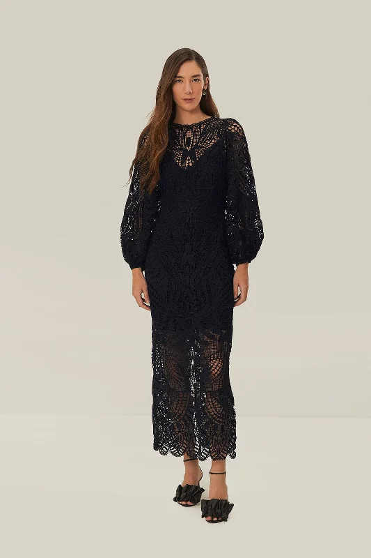 Black Nature Guipure Midi Dress Chic Floral Print Midi Dress