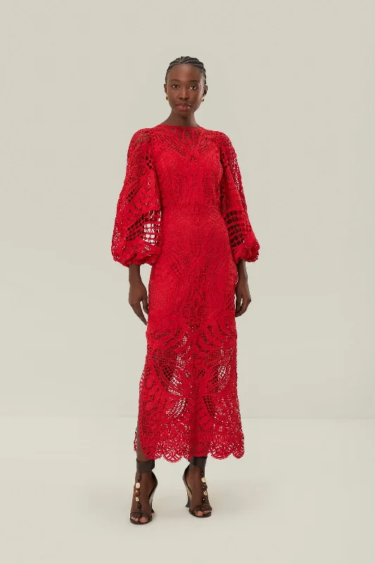 Red Nature Guipure Midi Dress Comfortable Denim Midi Dress