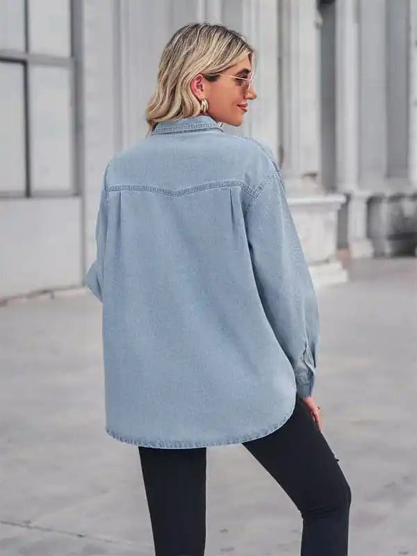 New light-colored thin denim long-sleeved shirt for women Comfortable Stretch Short Shirt