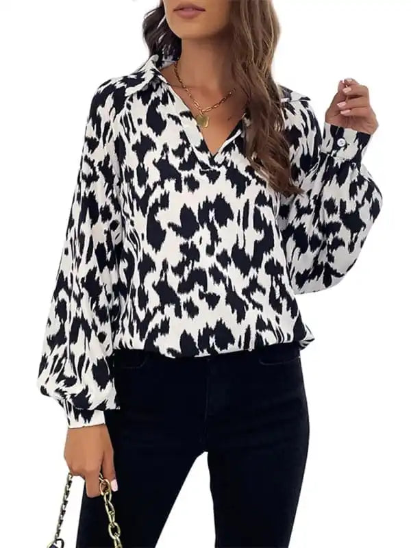 New Retro Fashion Lapel Long Sleeve Printed Shirt Top Cozy Cotton Short Tee