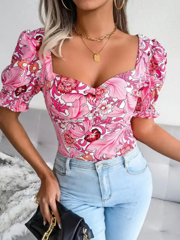 New Women’s Sexy Square Neck Floral Chiffon Shirt Top