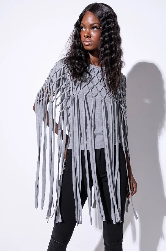OFF THE TABLE FRINGE DETAIL T SHIRT GREY Cozy Printed Short Shirt