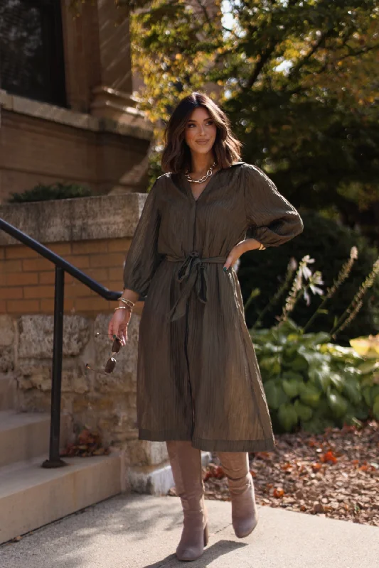 Olive Button Down Belted Midi Dress