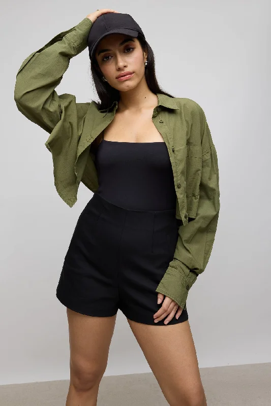 Olive Green Cropped Cotton Shirt Casual Slouchy Short Sleeve
