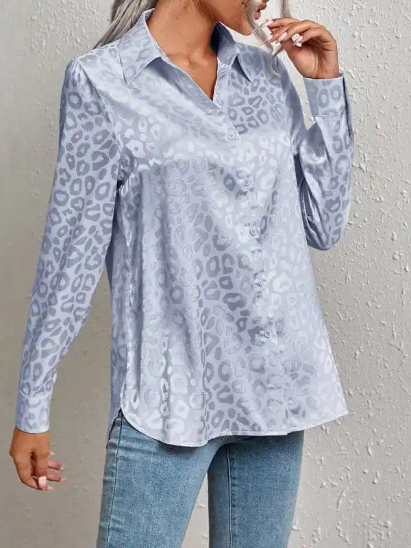 Open button leopard jacquard shirt elegant commuter long-sleeved shirt Trendy Summer Short Sleeve