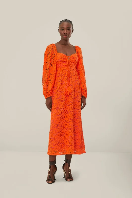 Orange Lace Long Sleeve Midi Dress Chic Off-Shoulder Midi Dress