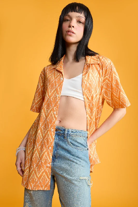 Orange Printed Women's Resort Shirt Fashionable Pleated Short Shirt