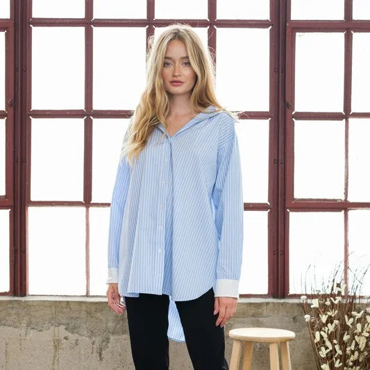 Over Shirt (Blue Stripe) Trendy Short Sleeve Tunic