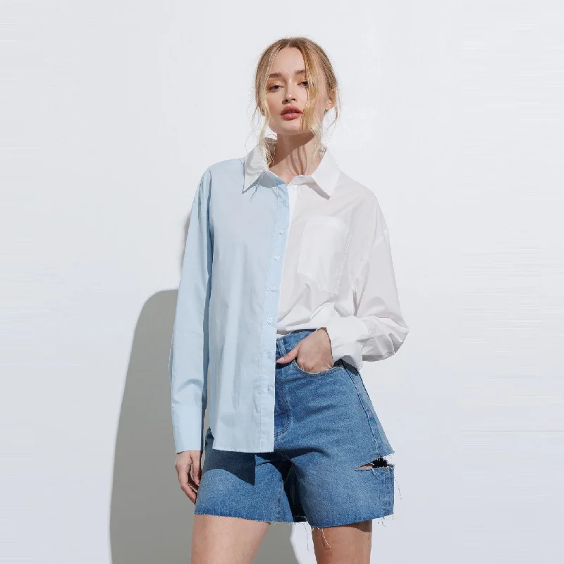 Oversized Colour Block Button Down Shirt (Blue) Trendy Short Sleeve Blouse