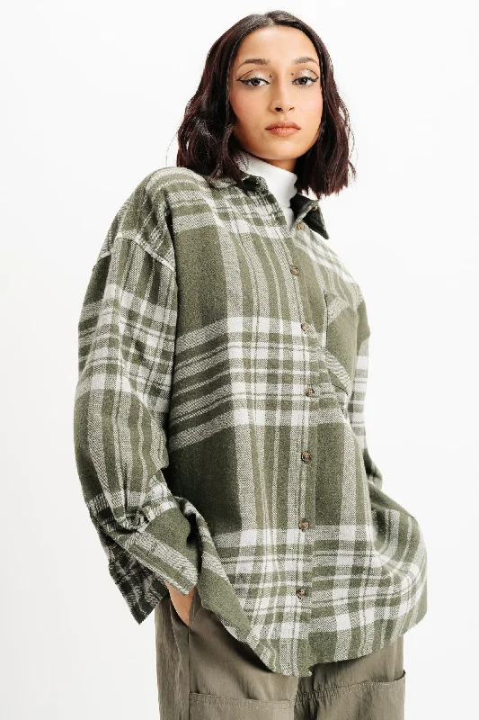 Oversized Green Checks Shirt Stylish Short Sleeve Top