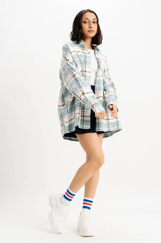 Oversized Light Blue Checkered Shirt Trendy Button-Front Short Sleeve
