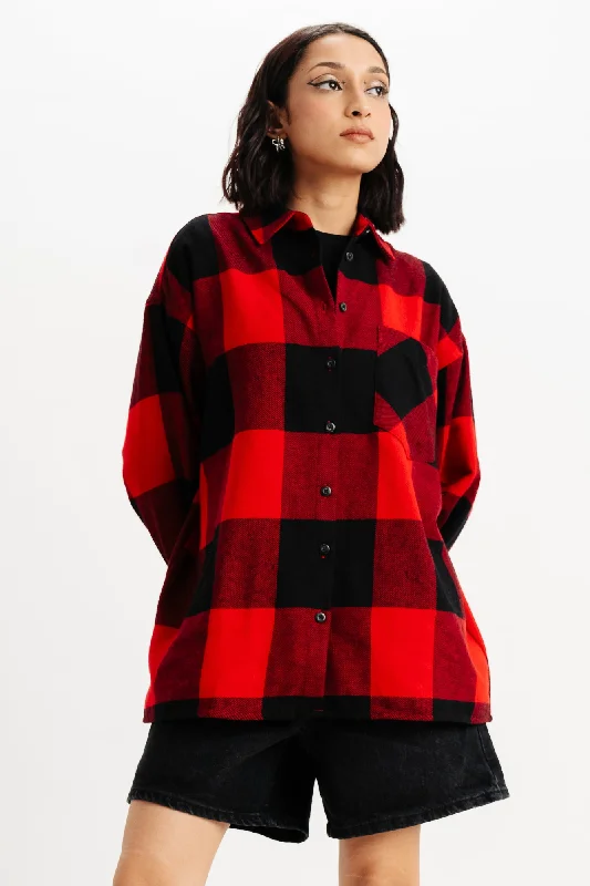 Oversized Red Checks Shirt Chic Silk Short Sleeve Shirt